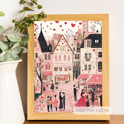 Hand-drawn Valentine's Day decor featuring a charming town