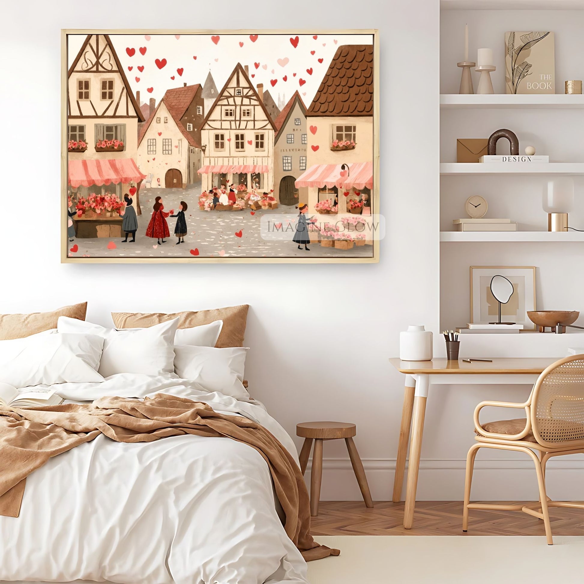 Hand-drawn village scene with heart accents for wall art
