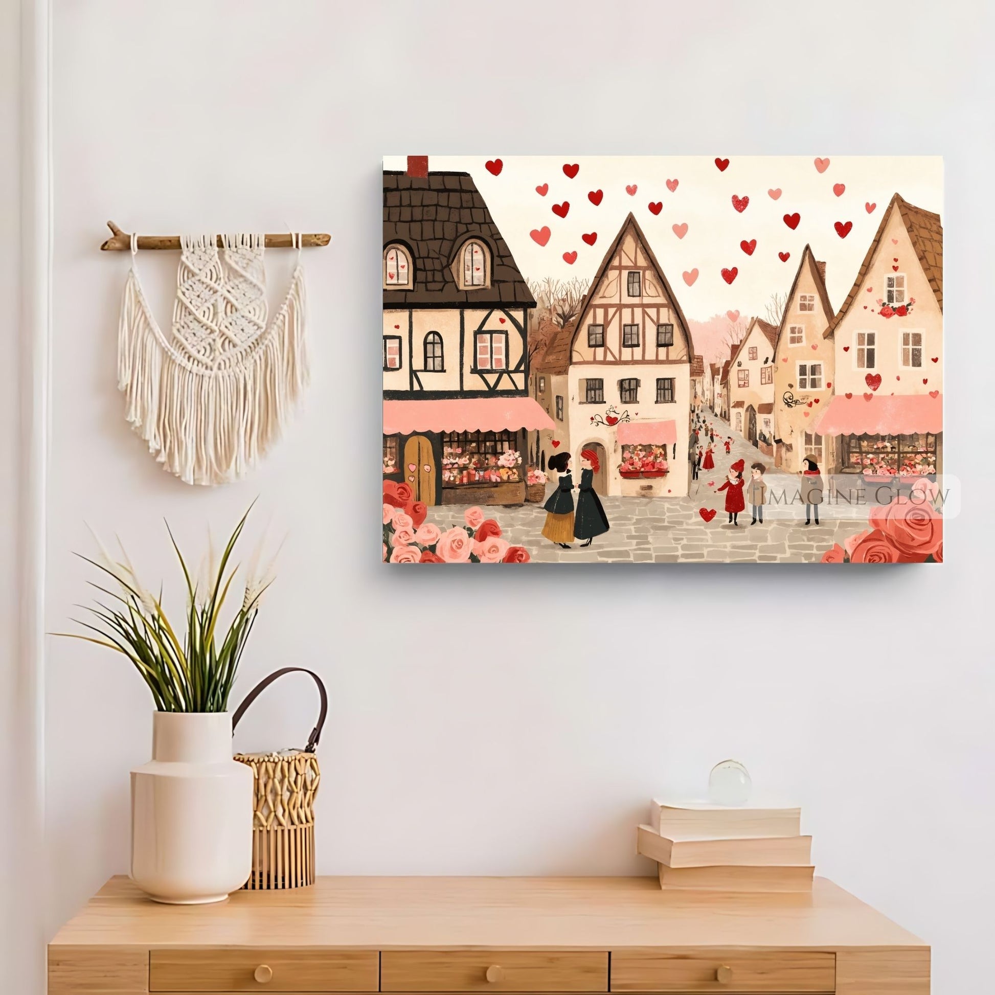 Hand-drawn heart village scene, perfect for love-themed art
