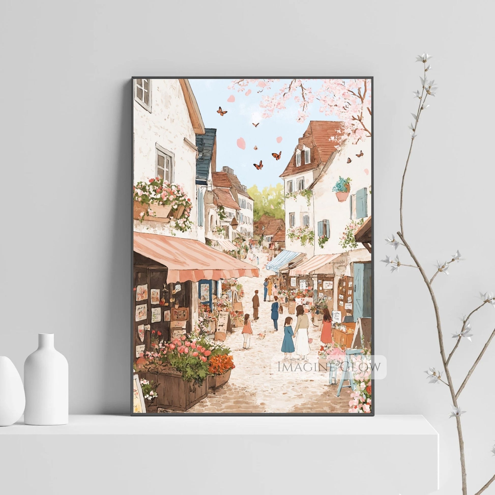 Artistic springtime illustration with flowers and European architecture.
