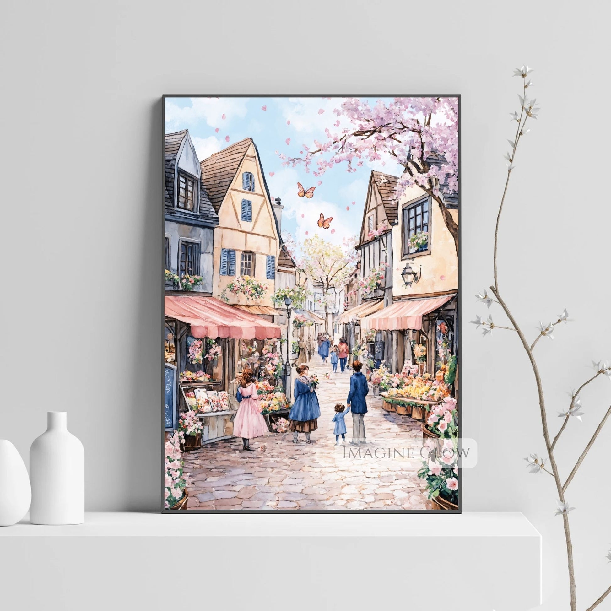 Romantic spring street art print with a flower-filled market and cherry blossoms.