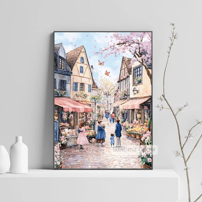 Romantic spring street art print with a flower-filled market and cherry blossoms.