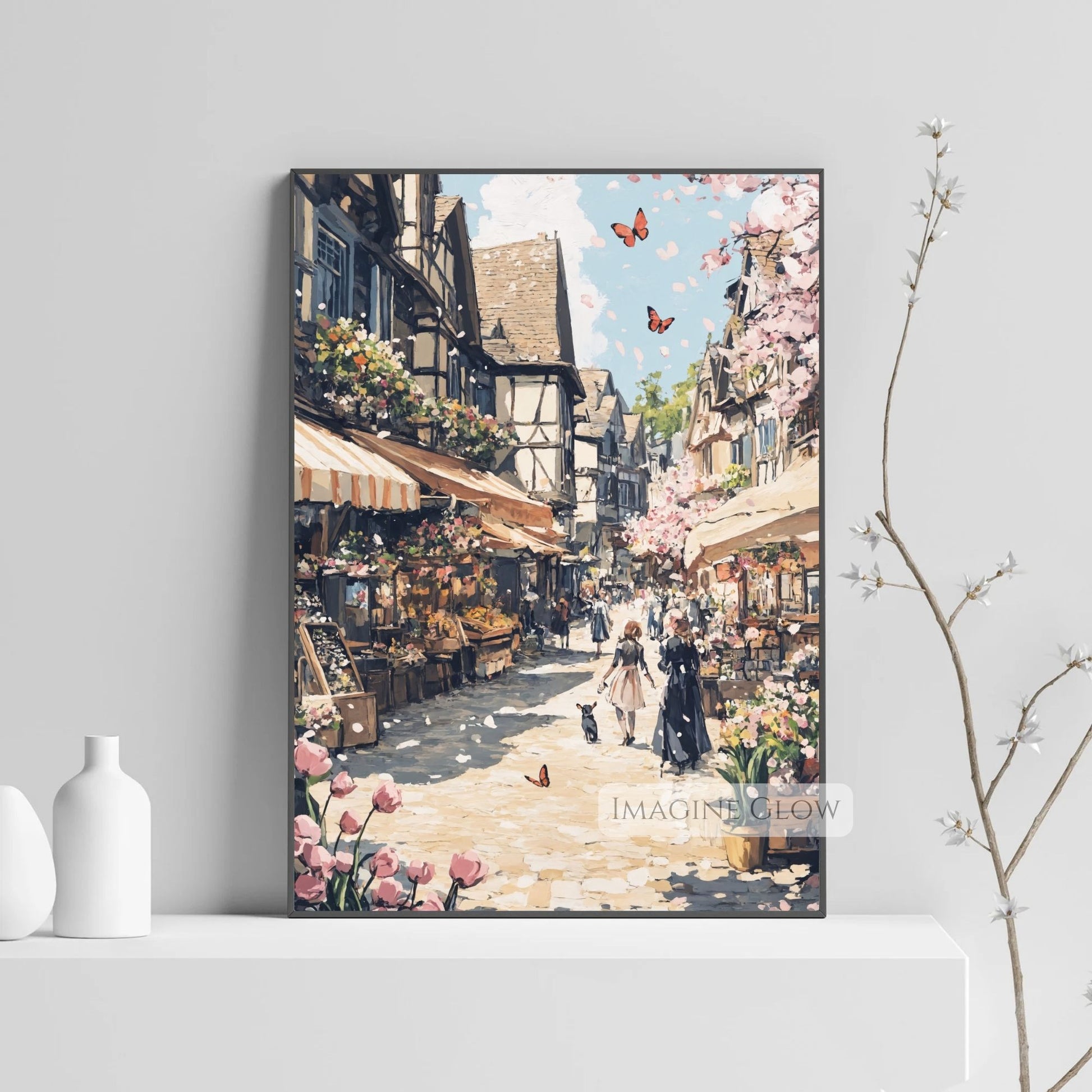 Hand-drawn spring city scene with flower stalls and cobblestone paths.