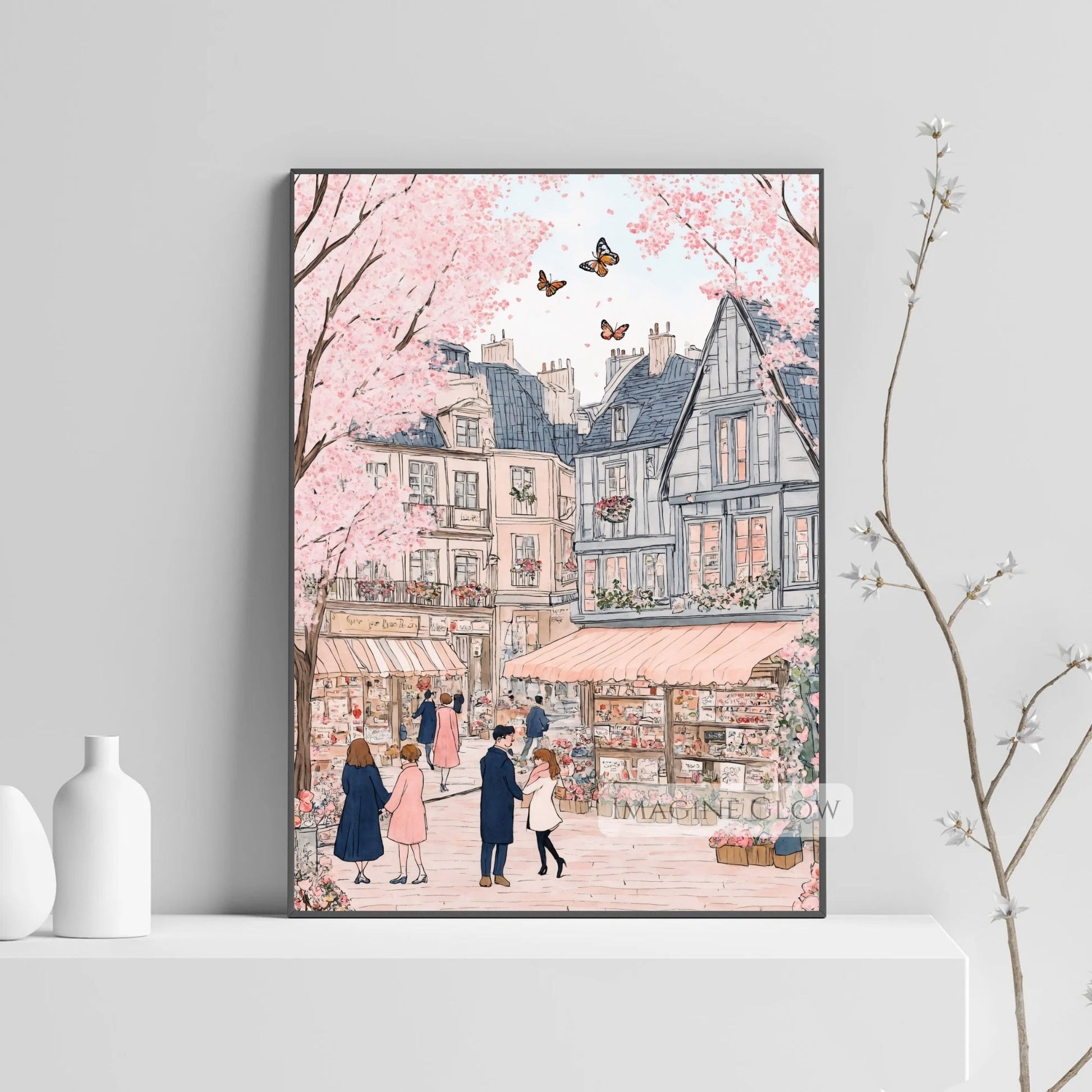 Picturesque flower market scene in a pastel-colored spring town.
