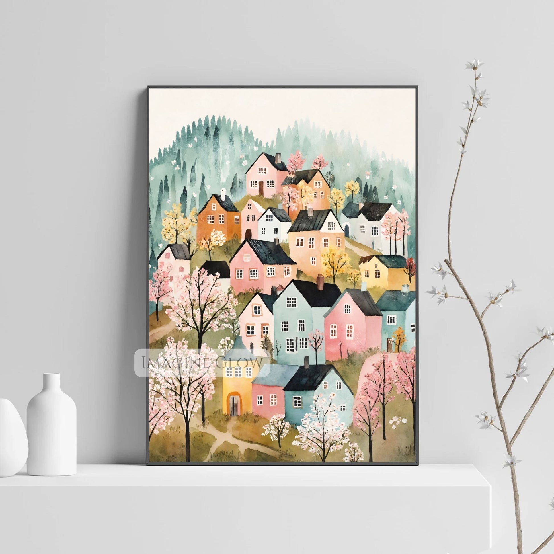 Blossoming trees in a countryside village artwork
