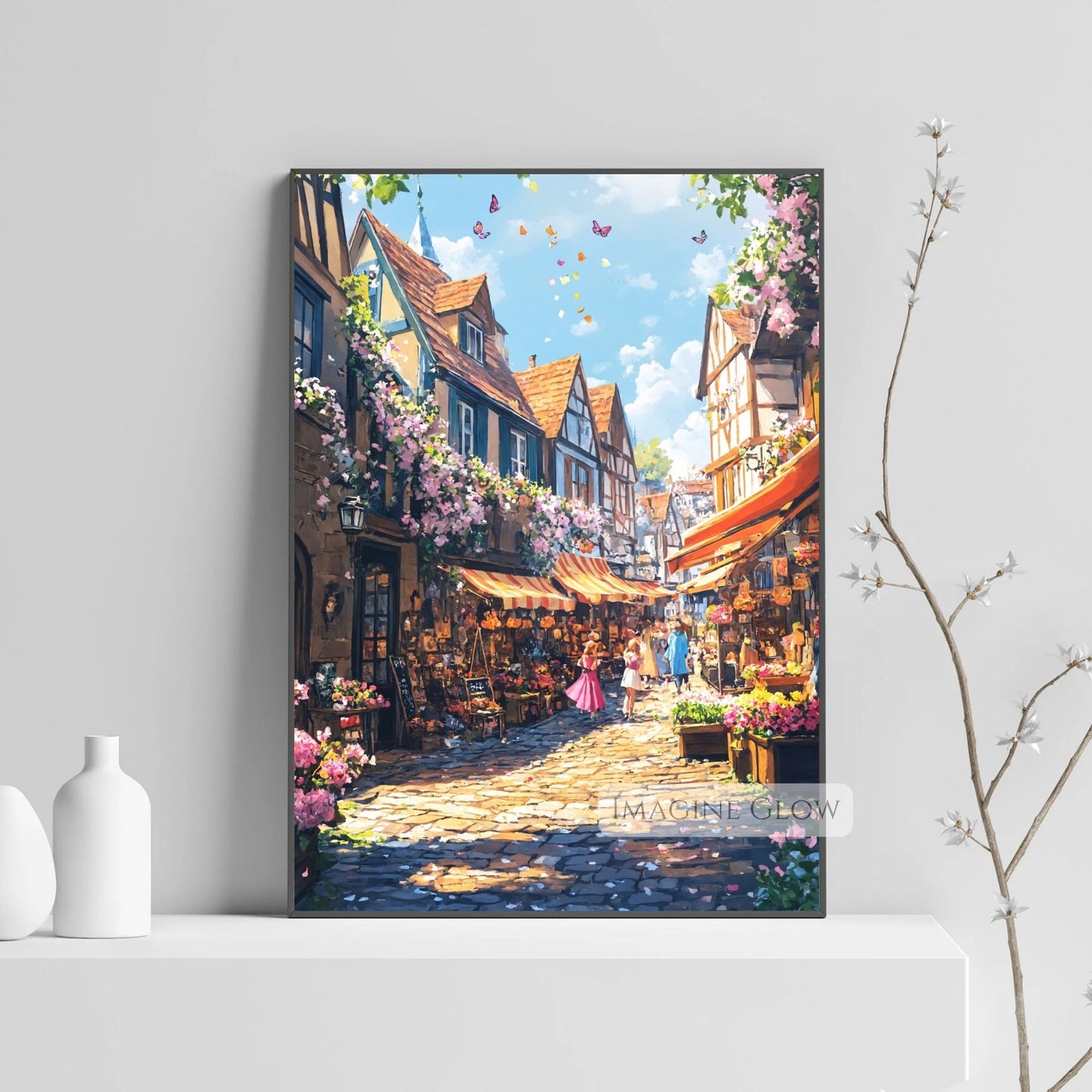 Nostalgic cobblestone street illustration featuring a cozy old town in summer.