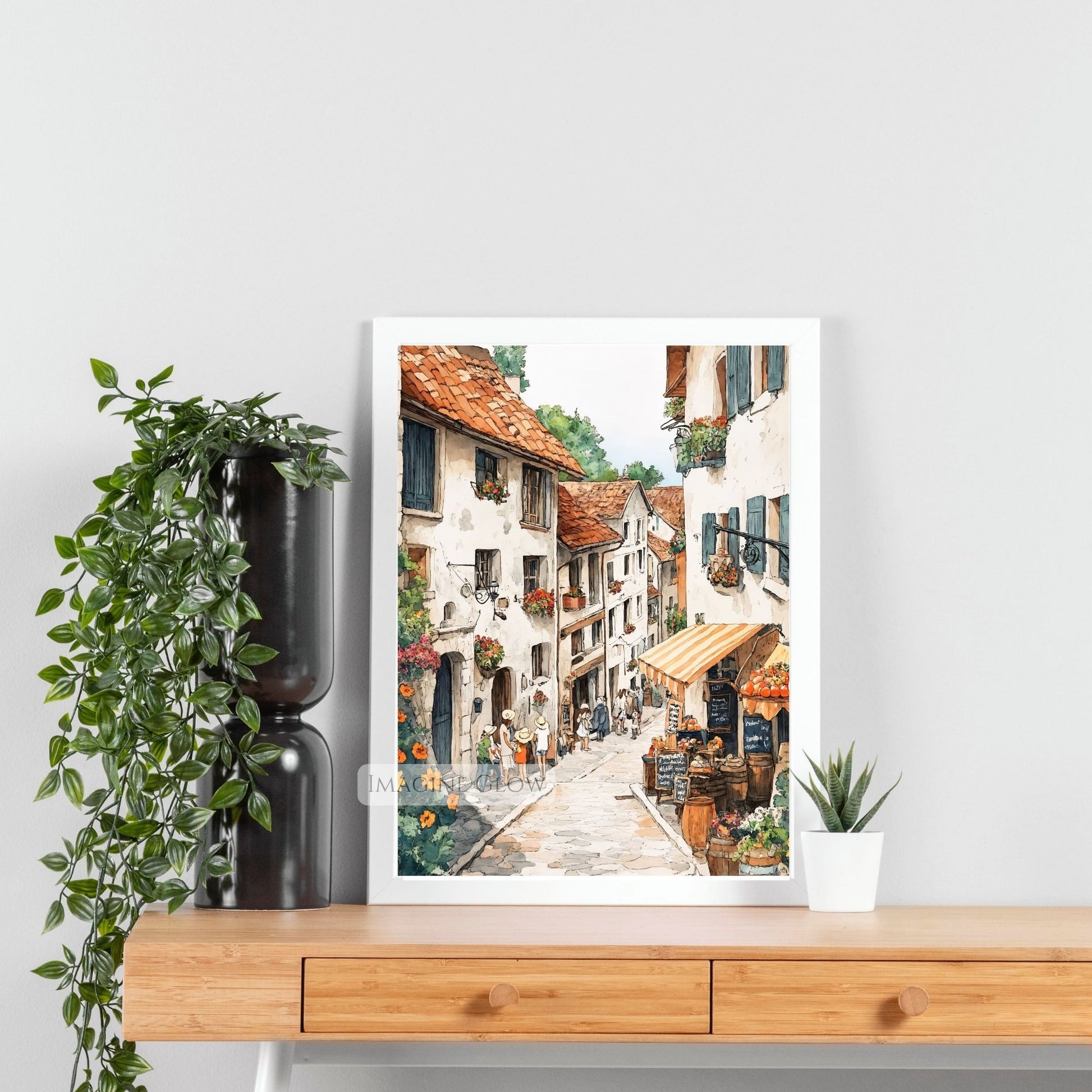 Romantic European flower market print with blooming flowers and charm.
