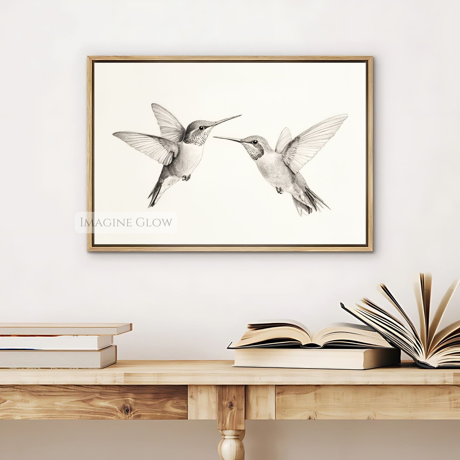 Elegant nature sketch of two hummingbirds flying.

