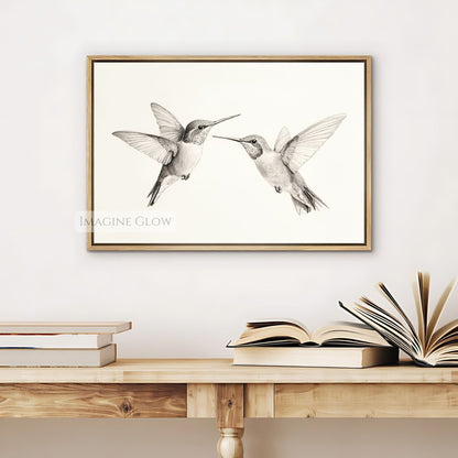 Elegant nature sketch of two hummingbirds flying.
