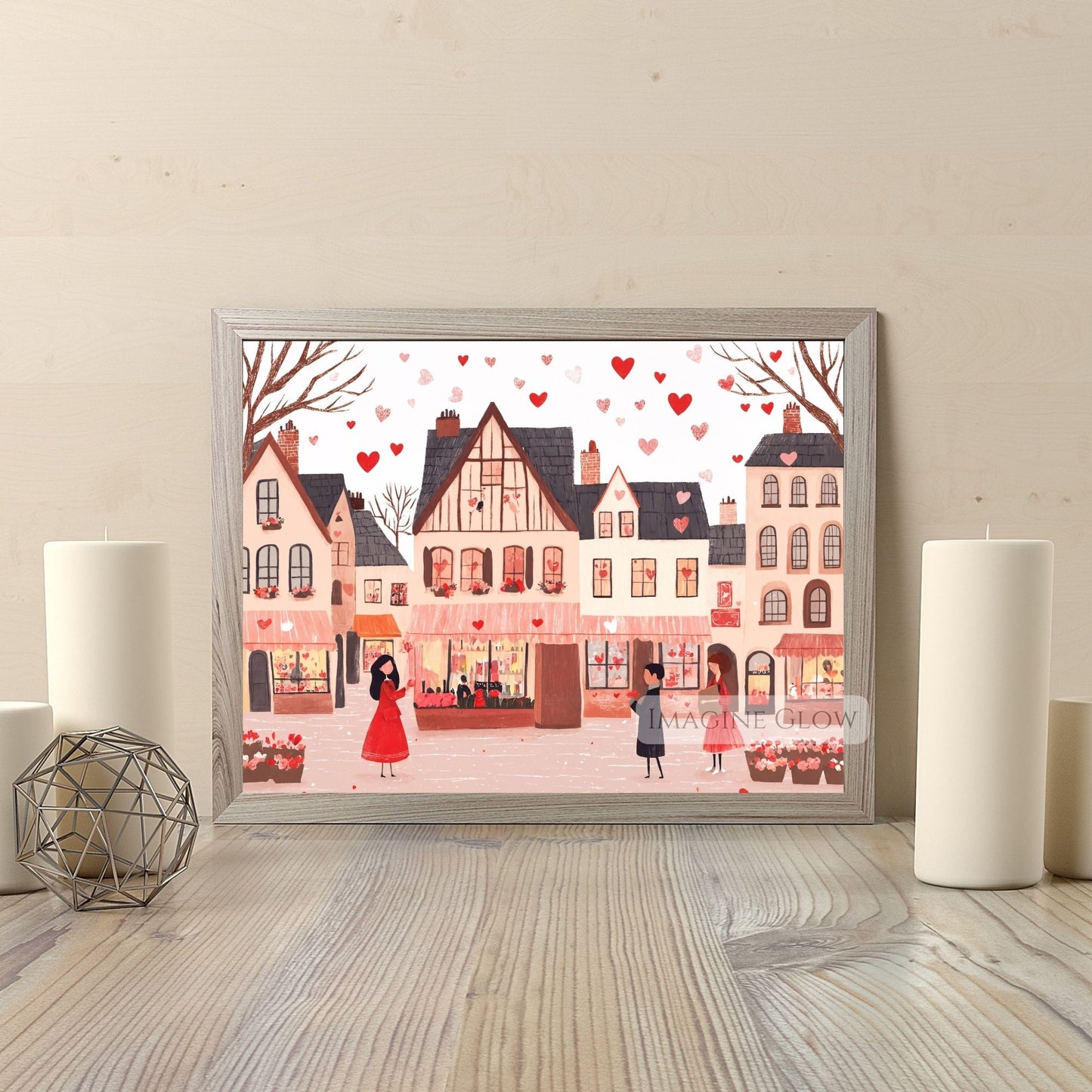 Cozy love-themed street scene digital wall art
