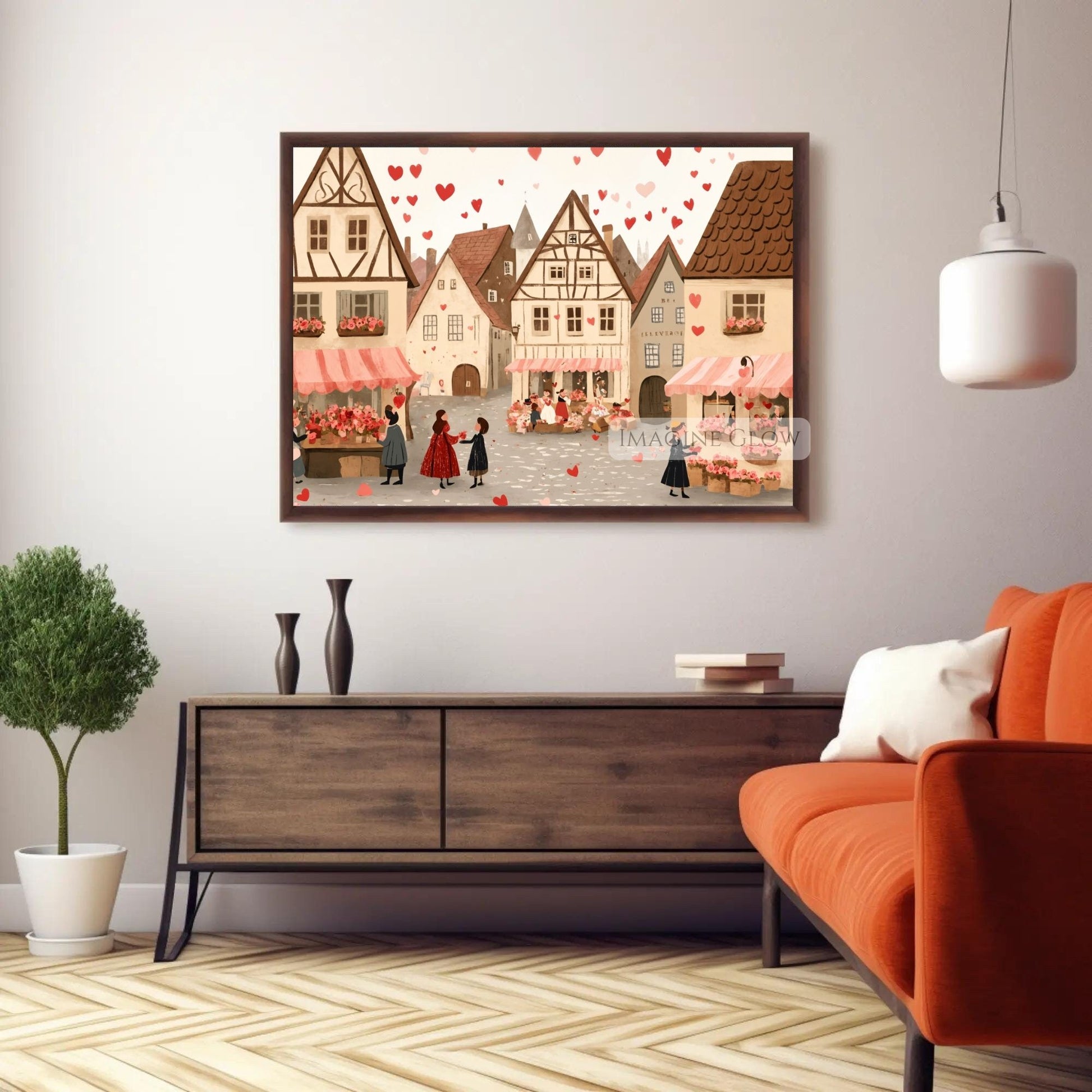 Cozy love-themed village artwork for anniversaries
