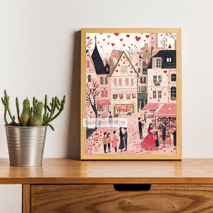 Hand-drawn Valentine's Day town scene art print
