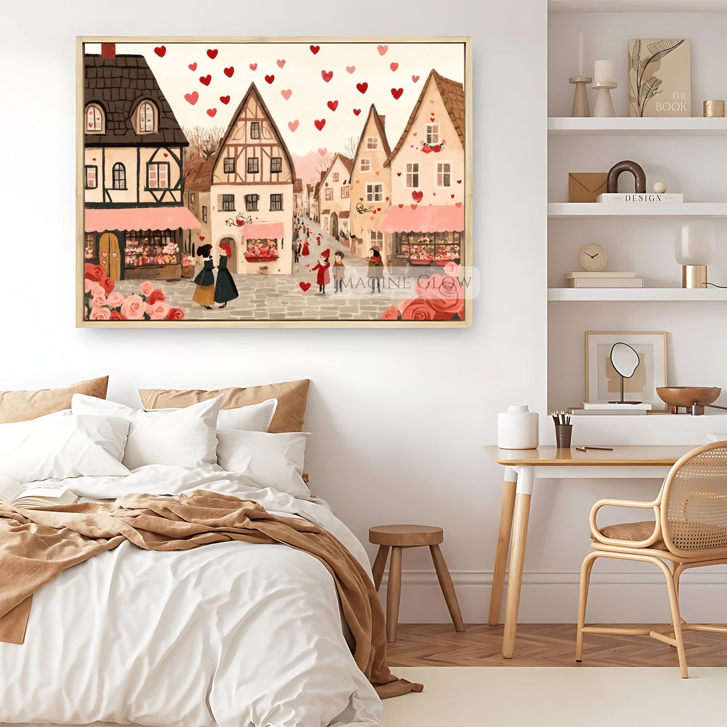 Romantic printable village scene with cozy, whimsical details
