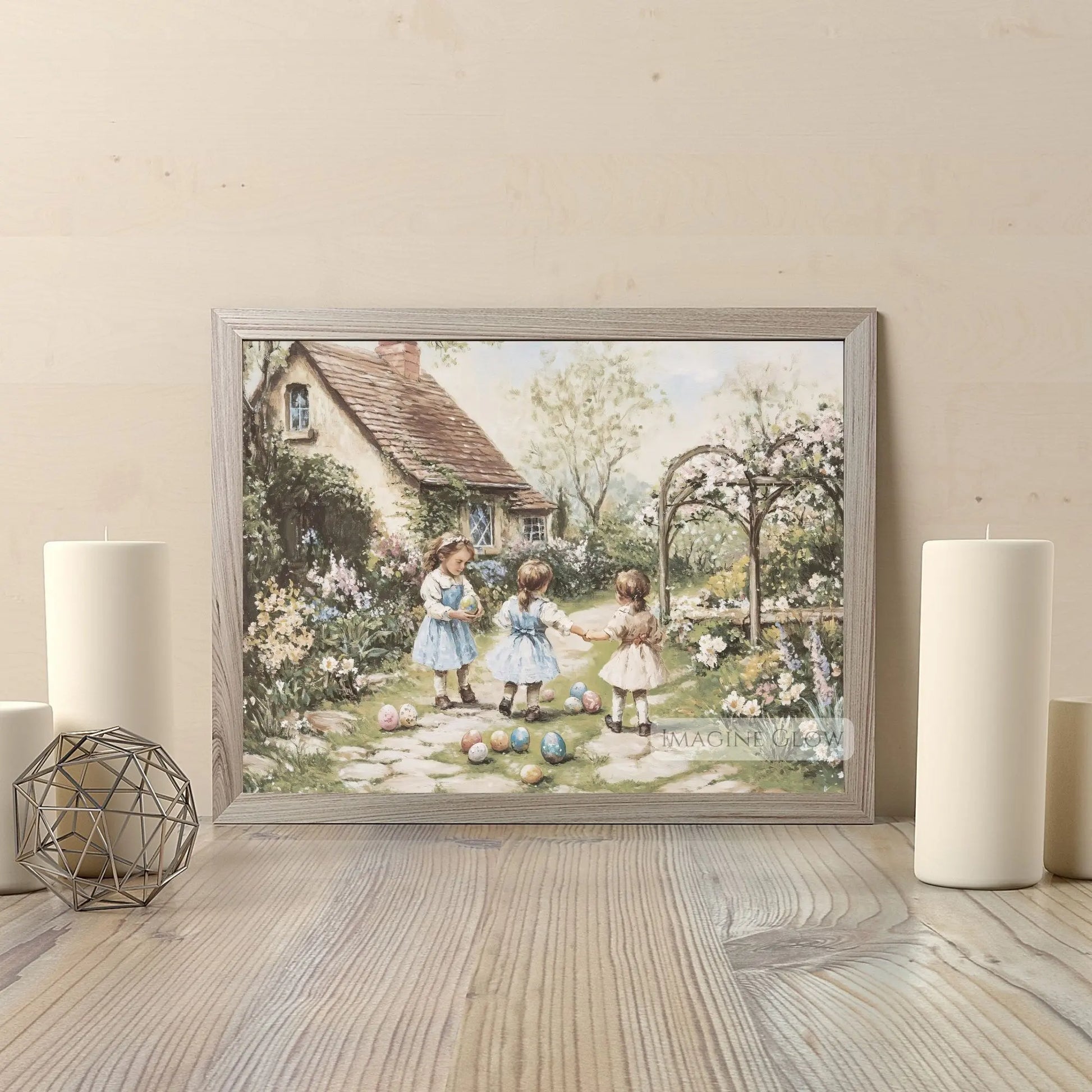 Kids gathering hand-painted eggs in a vintage cottage garden.
