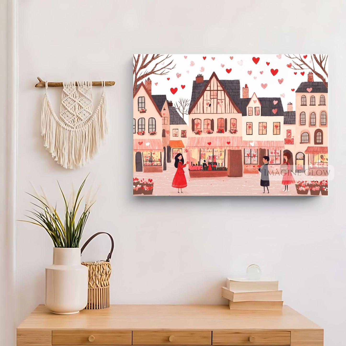 Romantic village art with whimsical heart details
