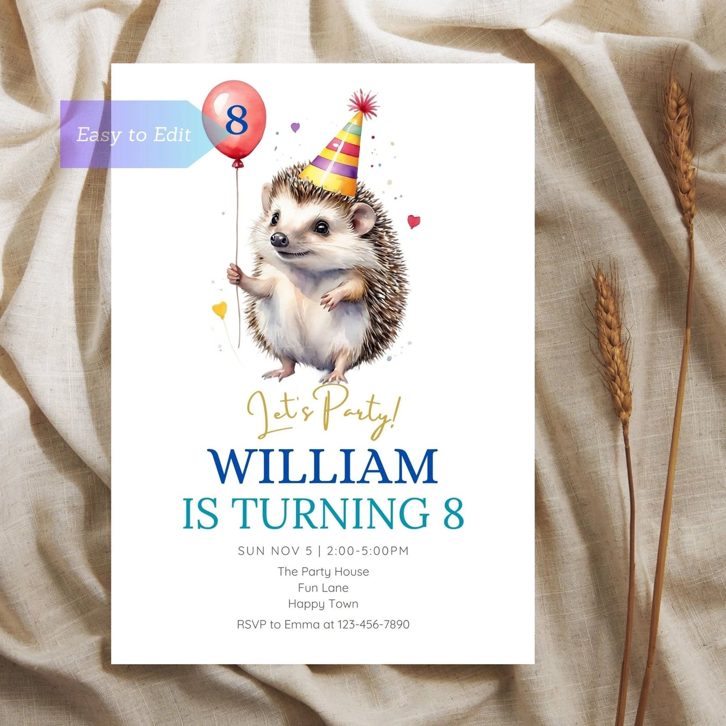 Hedgehog Birthday Invitation - Balloon Invite - Woodland Animal Party Invite Template - Kids Birthday Party