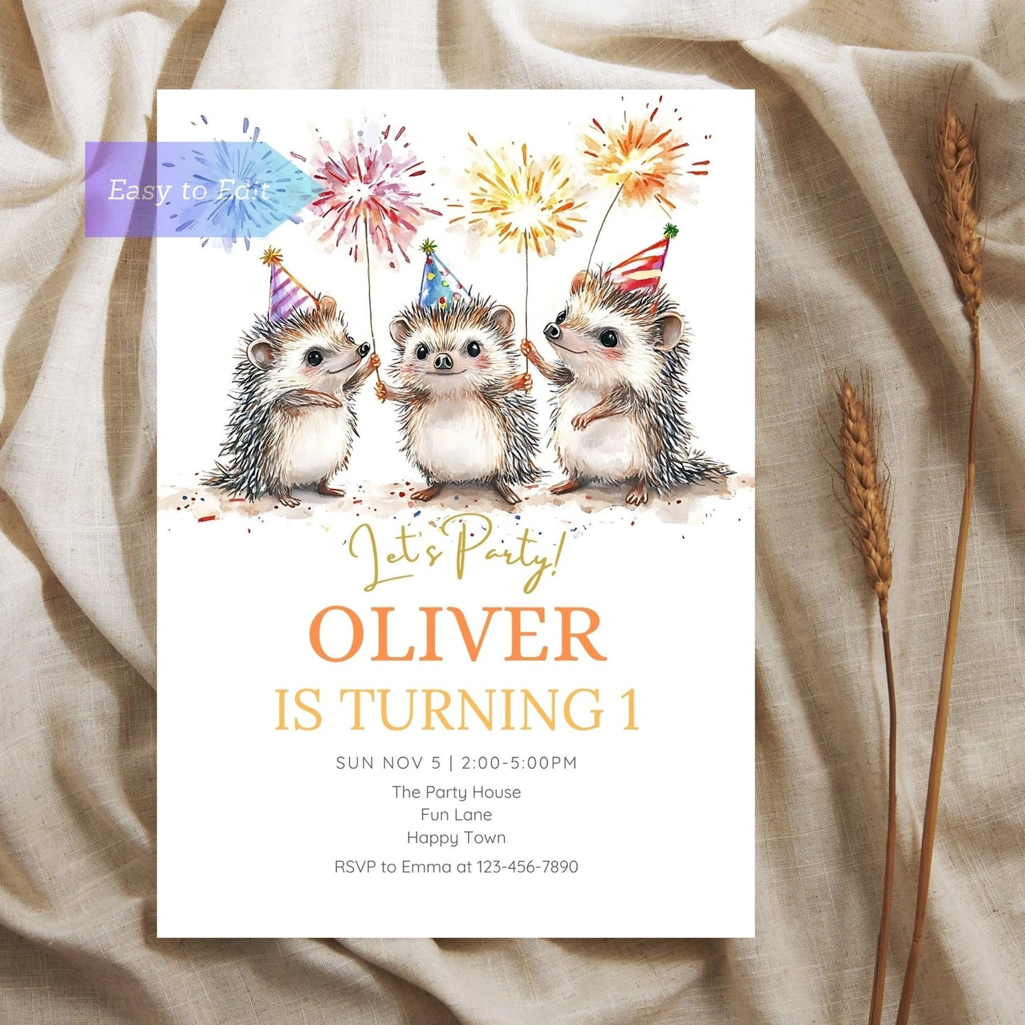 Charming woodland animal invitation with a cute hedgehog design.
