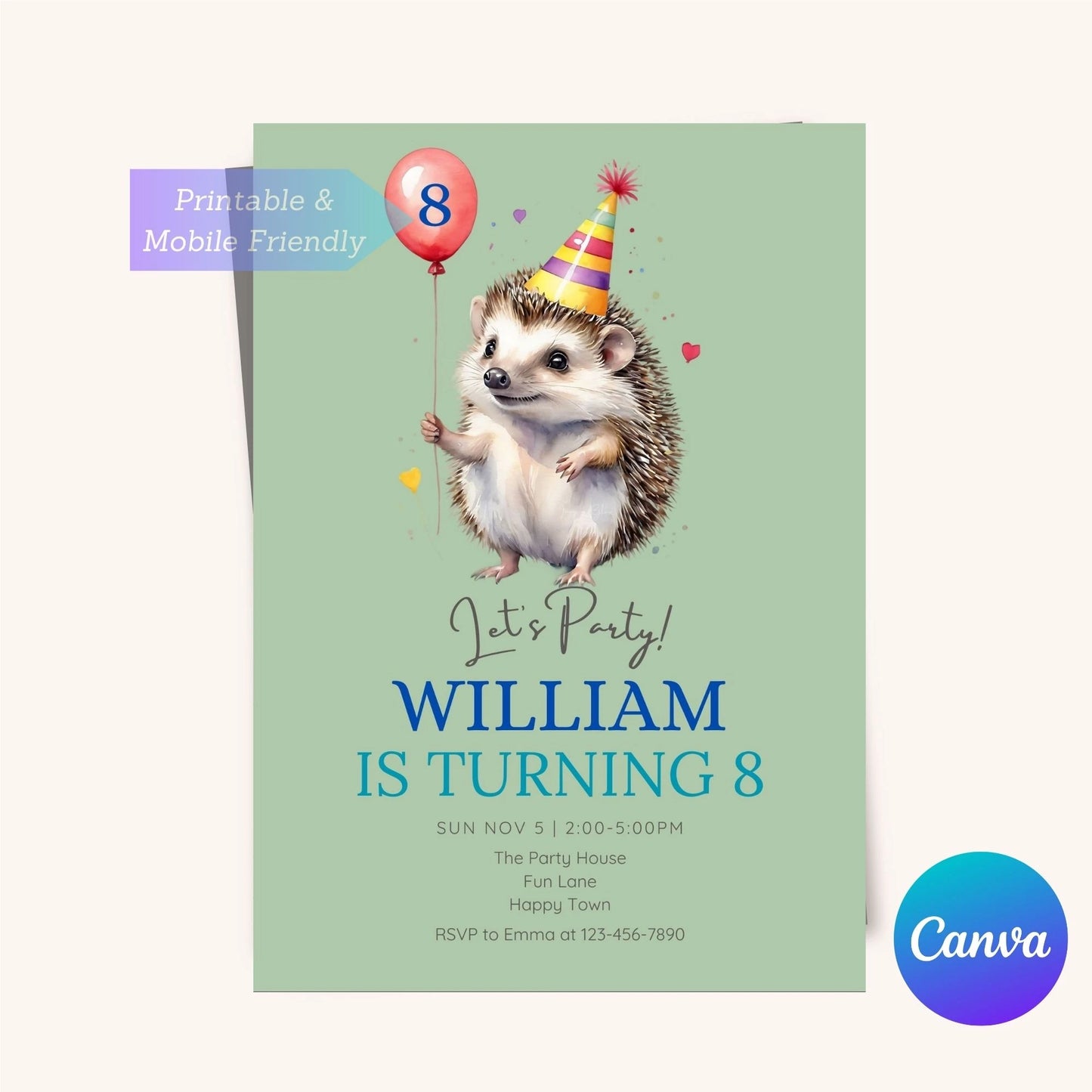 Hedgehog Birthday Invitation - Balloon Invite - Woodland Animal Party Invite Template - Kids Birthday Party