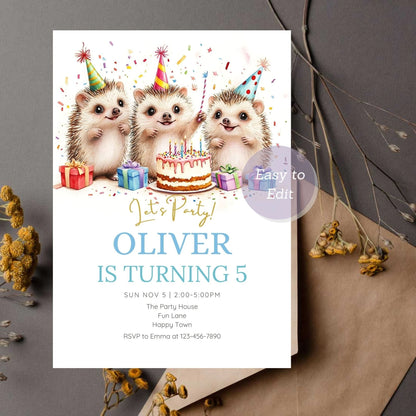 Personalized kids' birthday invitation with a hedgehog design.
