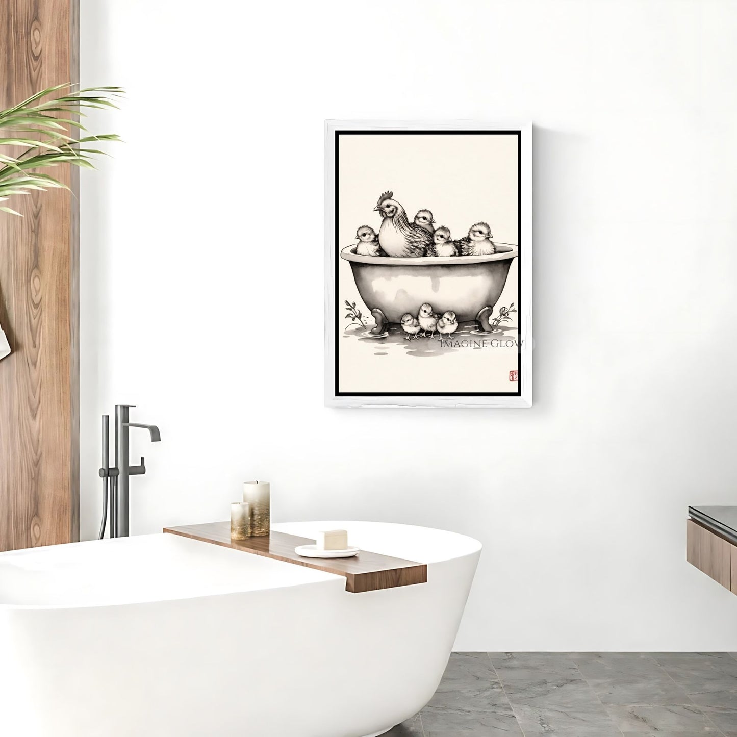 Rustic farmhouse bath print featuring a hen and her chick
