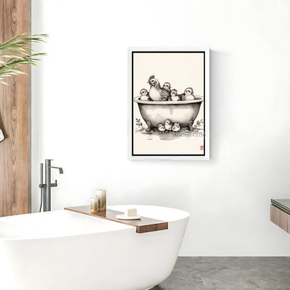 Rustic farmhouse bath print featuring a hen and her chick
