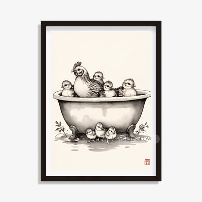 Cute chicken family in bathtub vintage bathroom art
