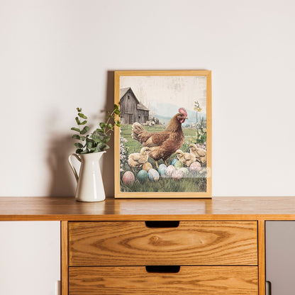 Rustic barnyard scene with hen and chicks in vintage style.
