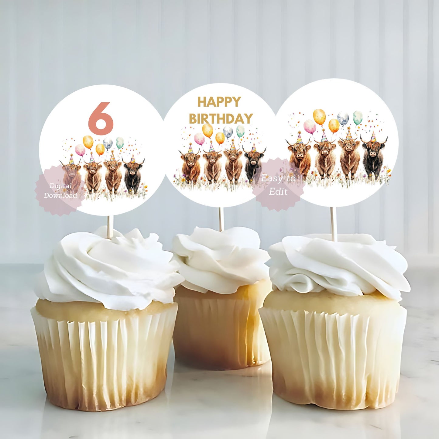 cow birthday party dessert toppers
printable highland cow cupcake toppers