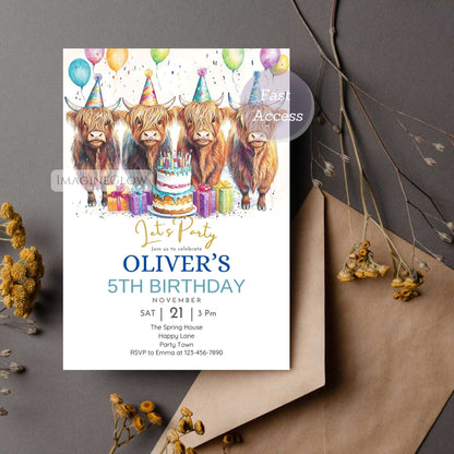 Fluffy cow farm birthday invitation
Canva Highland cow party template
