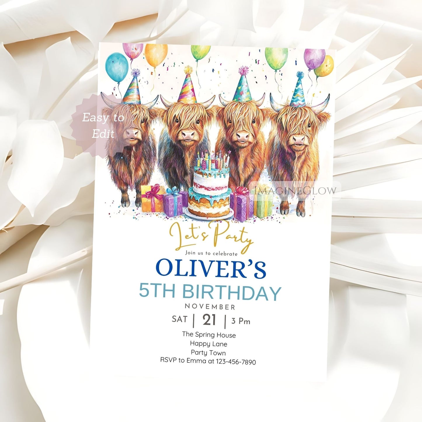Highland cow invite for kids' birthday
