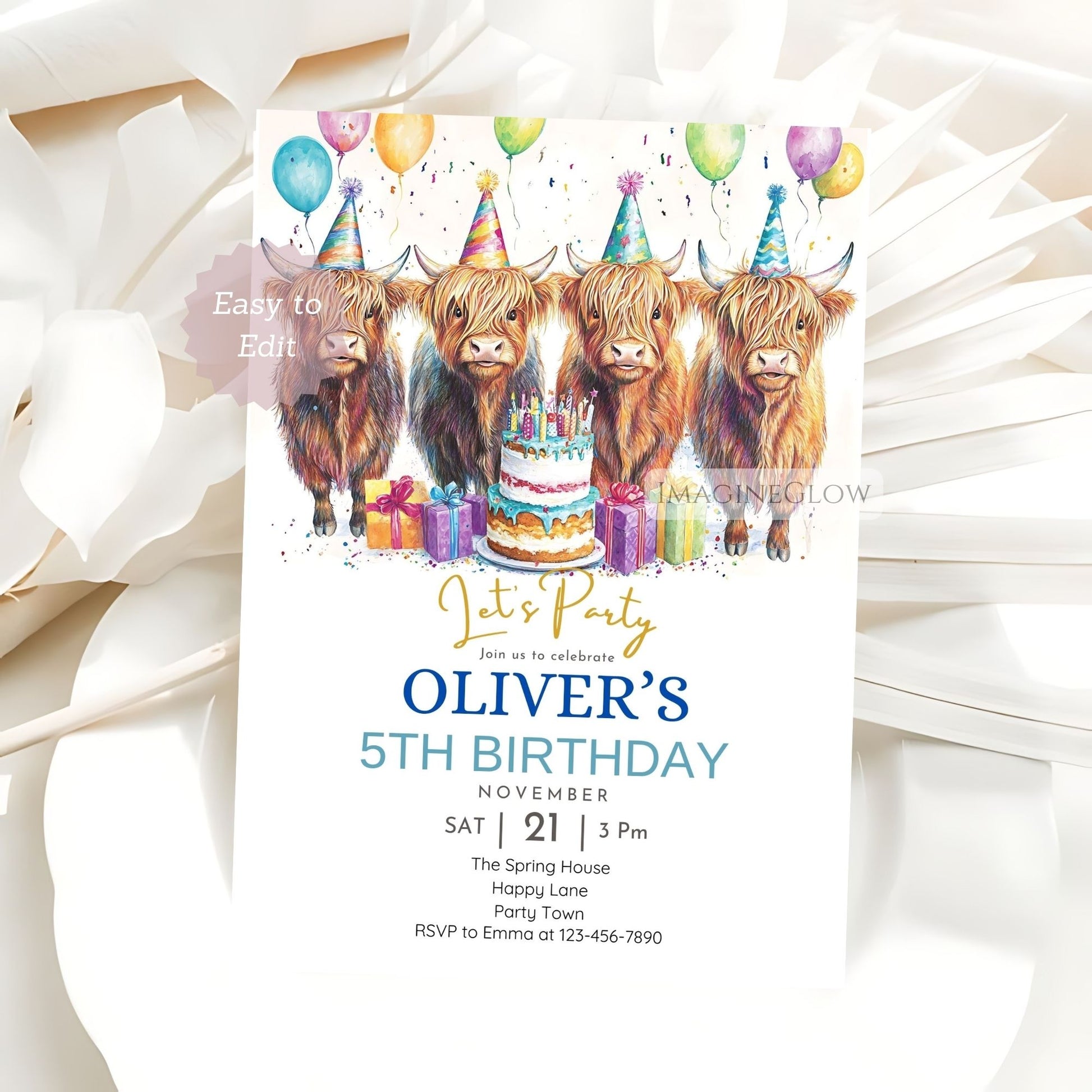 Highland cow invite for kids' birthday
