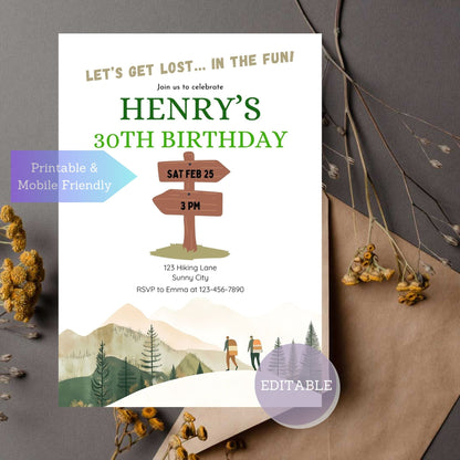 Editable hiking party invitation template on Canva for outdoor adventures.