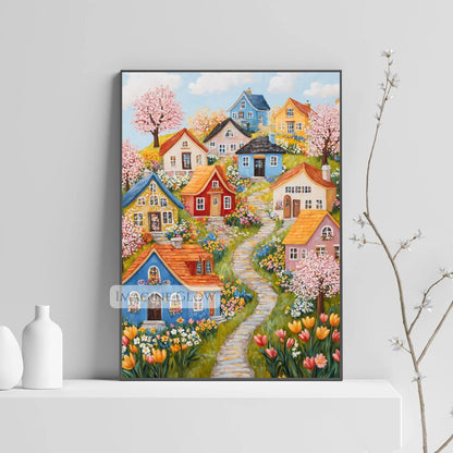 Springtime hillside village with cherry blossoms and grass
