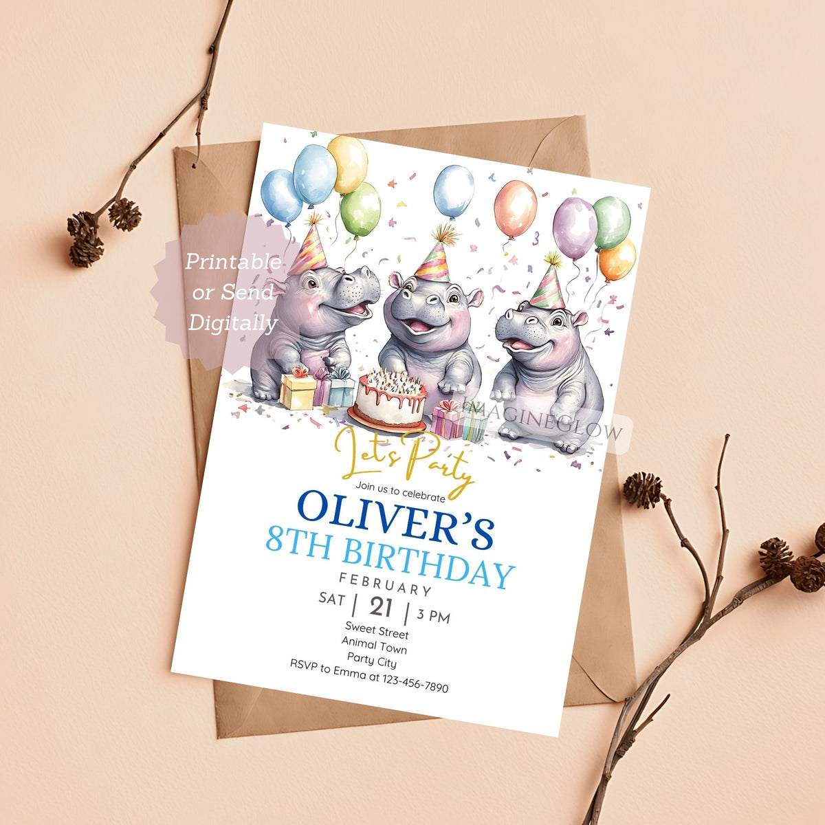 A printable birthday invitation card featuring three cartoon hippos wearing party hats around a birthday cake