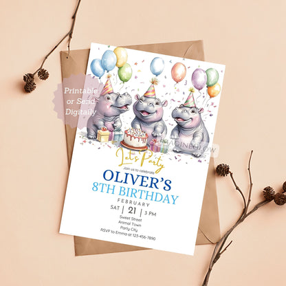 A printable birthday invitation card featuring three cartoon hippos wearing party hats around a birthday cake