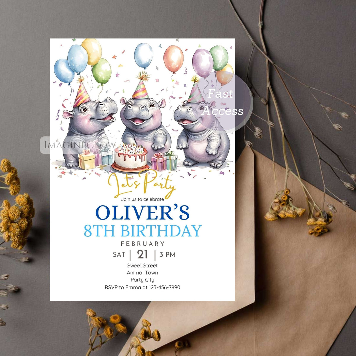 baby hippo birthday, toddler birthday invitation, first birthday hippo, kids animal birthday invitation, cute zoo party invitation