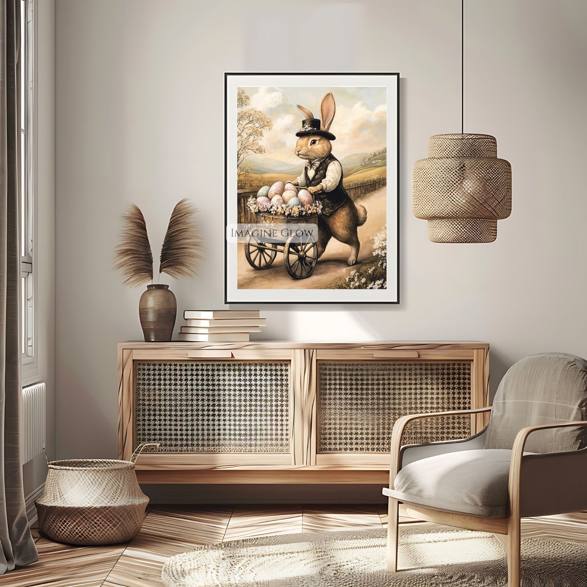 Bunny and Easter egg vintage art print for farmhouse decor.
