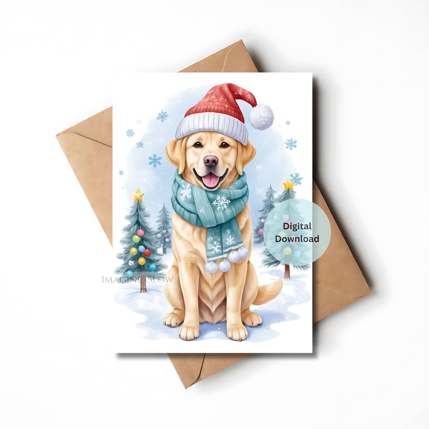 Christmas-themed card with a dog wearing a Santa hat and scarf