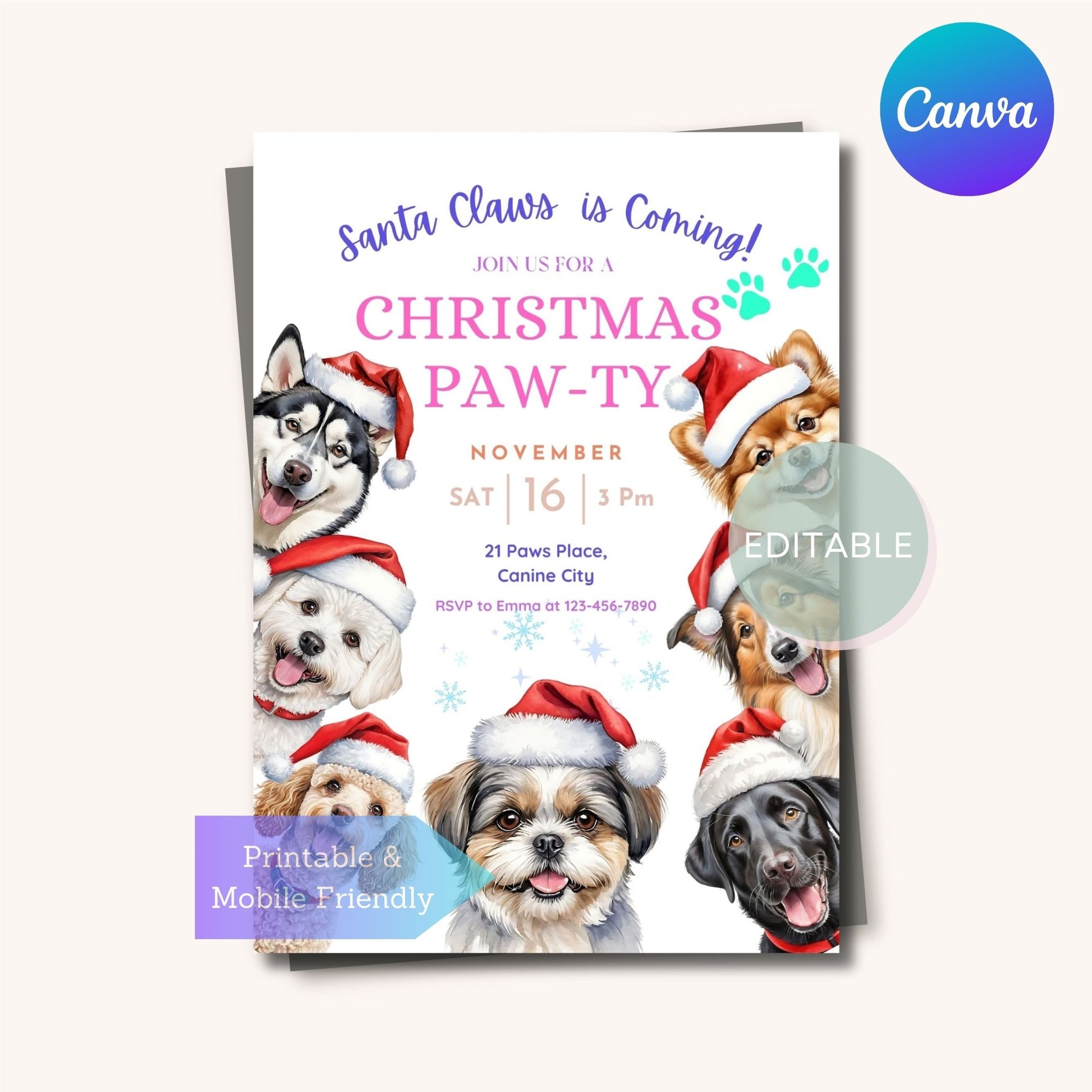 Printable holiday invitation for dog party with Poodle, Collie, and Sheepdog