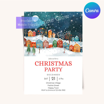 Editable festive holiday invite featuring a moonlit winter scene.
