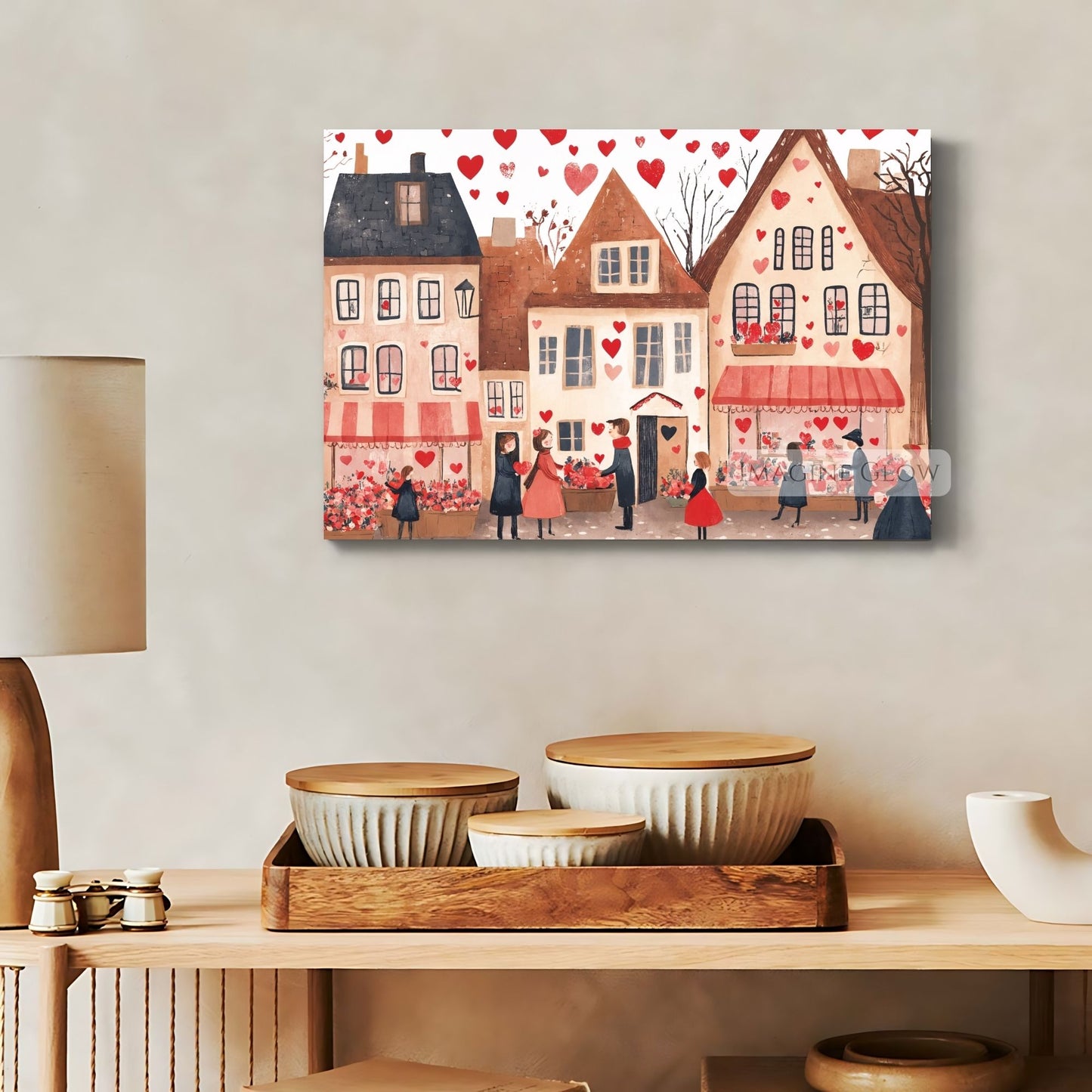 Romantic village scene with heart accents for Valentine’s decor
