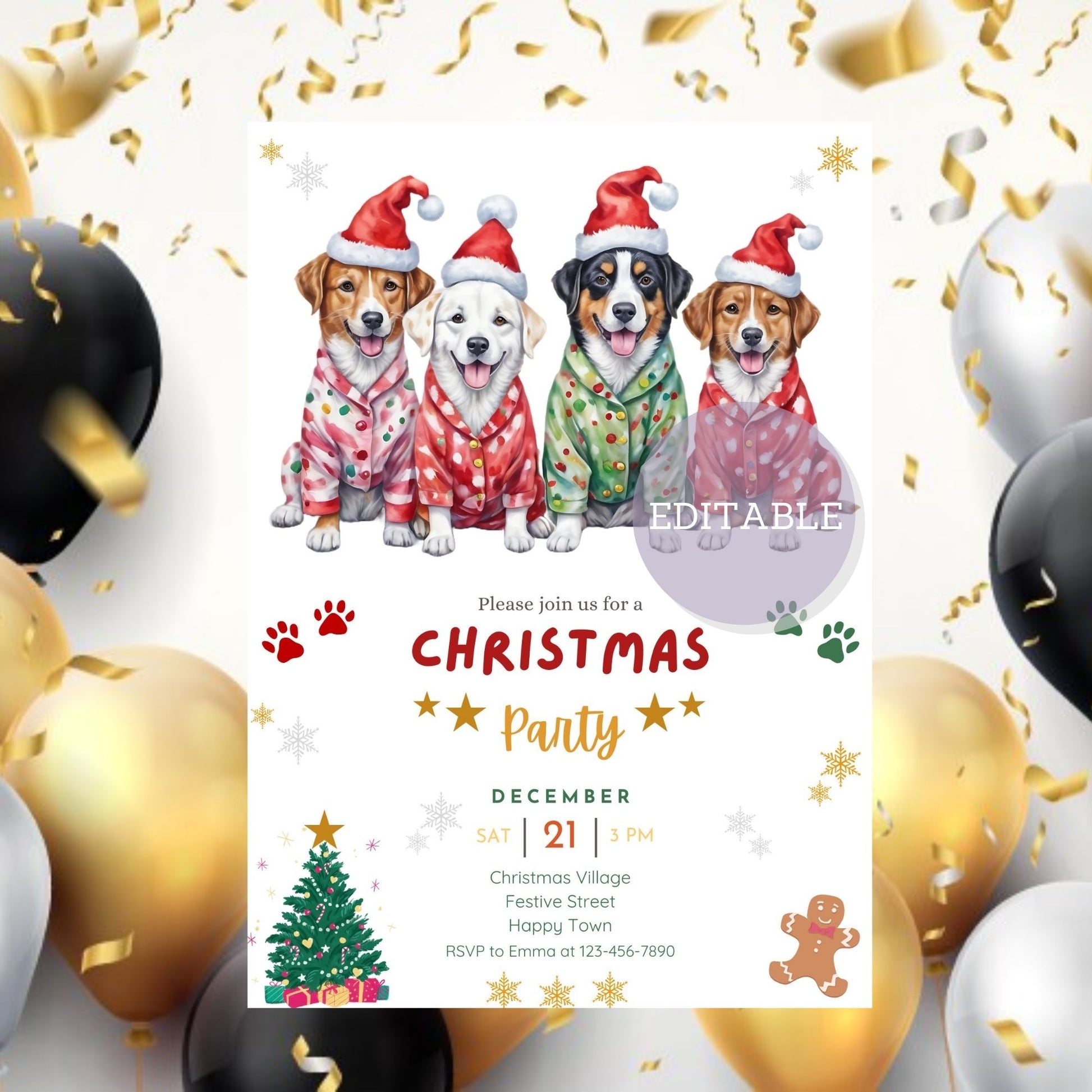 Personalized Christmas Party Invitation with Dog Illustration