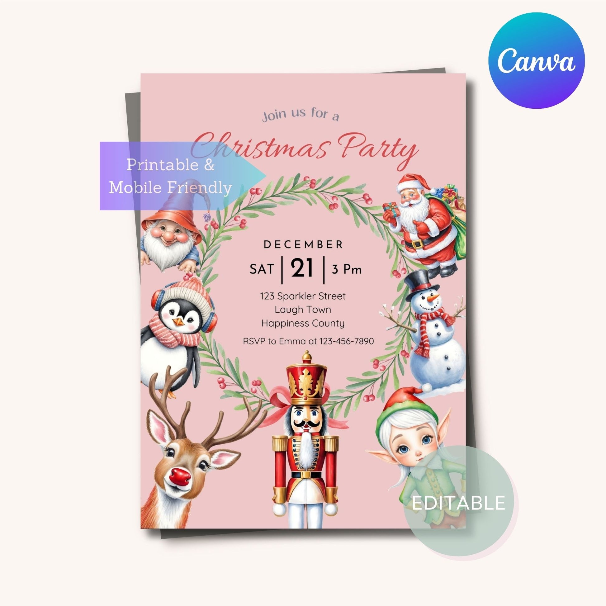 Holiday party invite featuring Snowman and Reindeer in festive theme