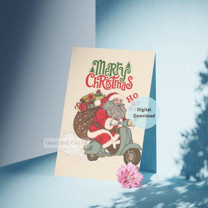 Christmas card with Santa Claus on a scooter and text 'Merry Christmas Ho Ho' 