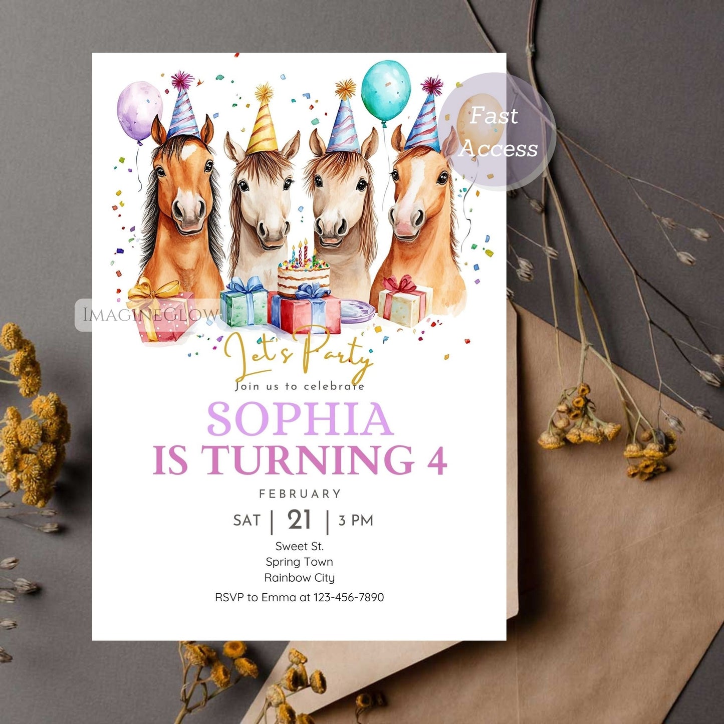 horse birthday invitation with thank you card