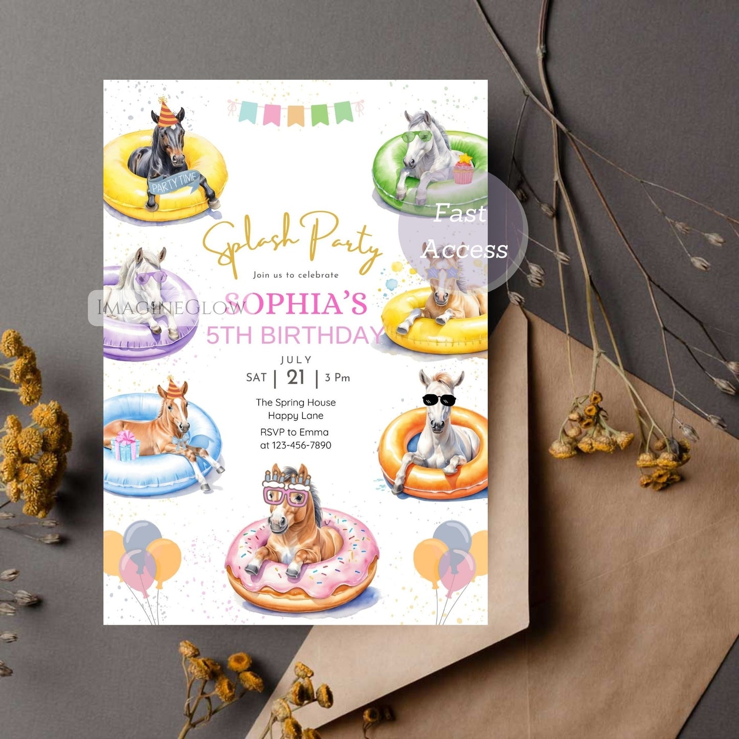 Birthday party invitation with cartoon animals on inflatable rings on a white surface.