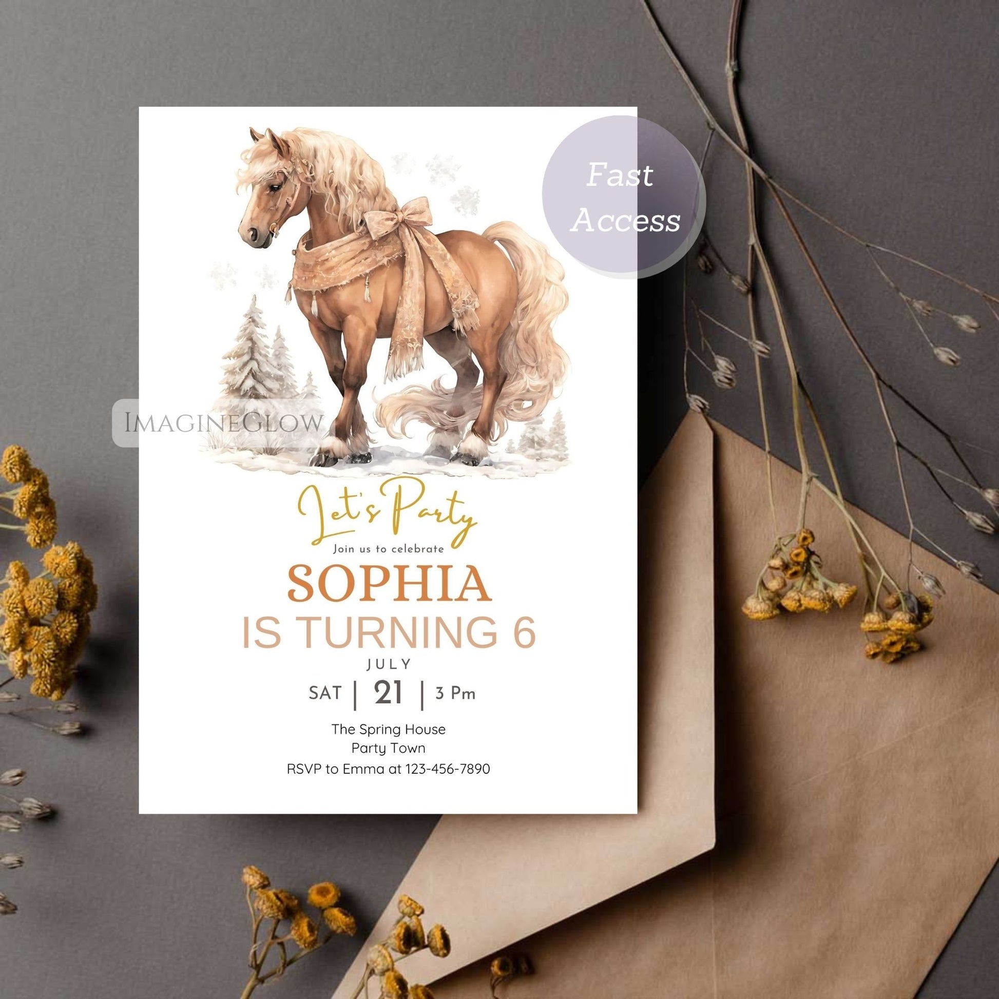 Party invitation card with horse illustration on a gray background