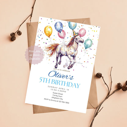 Horse birthday party invitation with colorful balloons