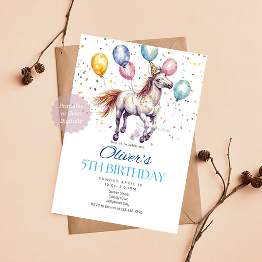 Horse birthday party invitation with colorful balloons