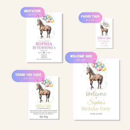 Horse-themed birthday party decorations and invites, thank you card, welcome sign, digital download.
